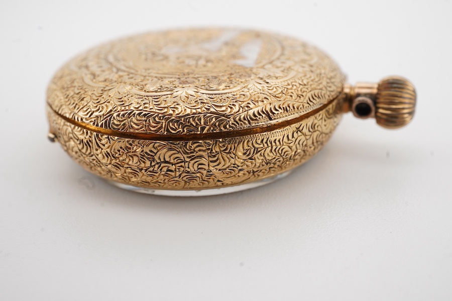 A lady's early 20th century engraved 18k lady's keyless open faced fob watch, with Roman dial, case diameter 32mm, gross weight 26 grams.